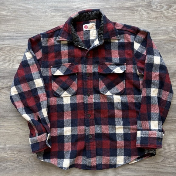 Vintage 70s Sears Kings Road Button Up Shirt Wool Blend Size Medium Red
